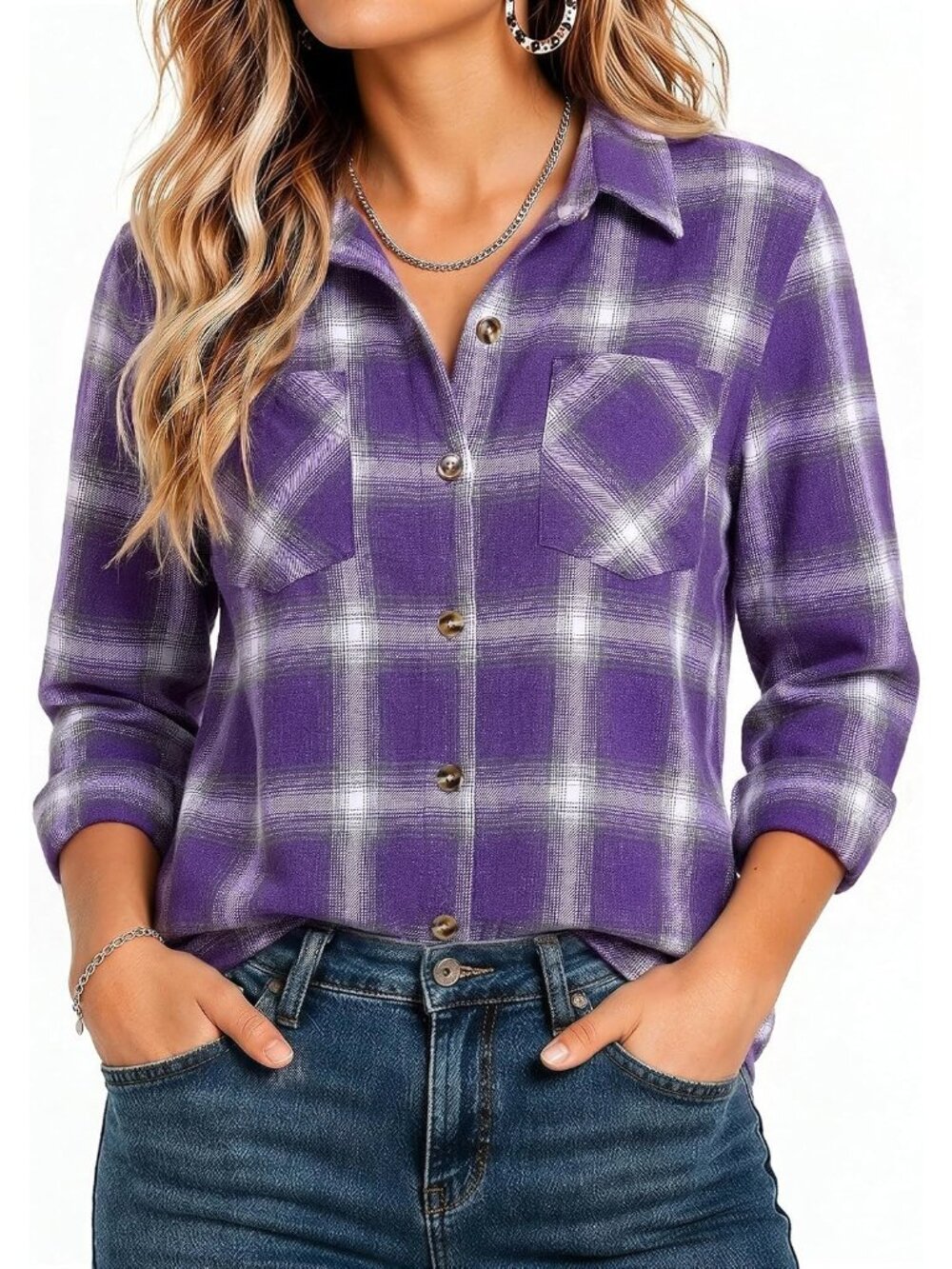 Women's Purple Flannel Plaid Long Sleeve Button Down Imported Top Work Blouse